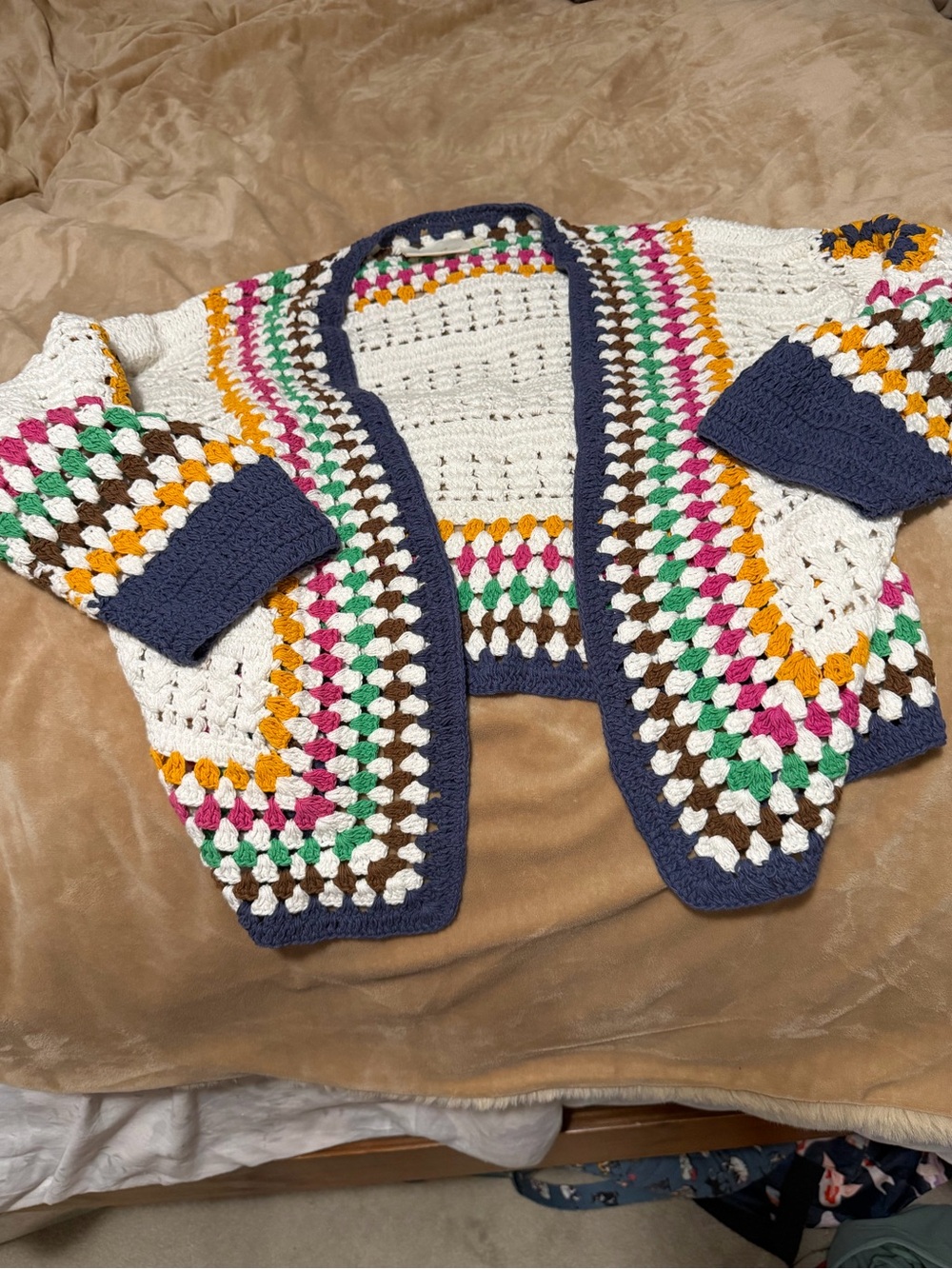 Anthropologie Maeve Cream Crochet Open Cardigan Rainbow Trim One Size - Picture 5 of 7